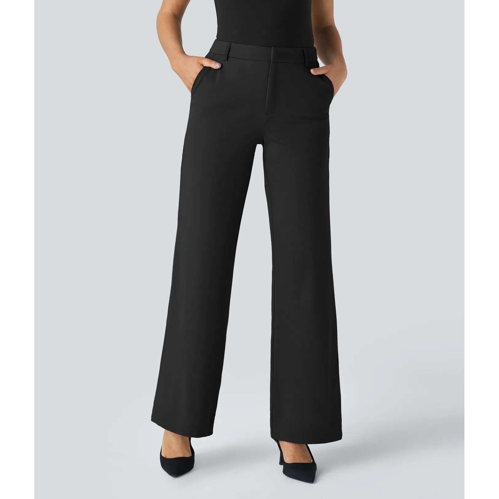 Halara Flex Mid Rise Pocket Straight Leg Work Pant Womens Black Medium Stretch